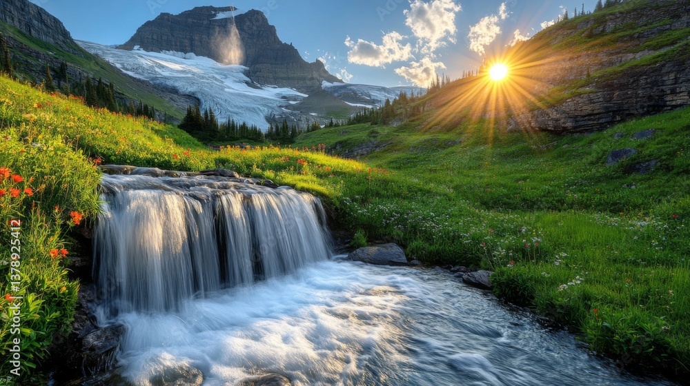 Fototapeta premium Majestic mountain waterfall at sunrise with lush greenery and snow-capped peaks