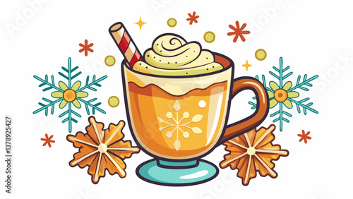 Isolated vector illustration of a cup of eggnog with cinnamon, surrounded by snowflakes on a white background, cozy and inviting