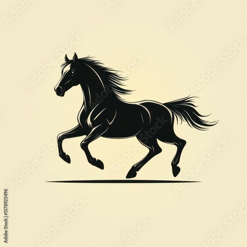 Black horse gallops across a plain with flowing mane and tail during daylight