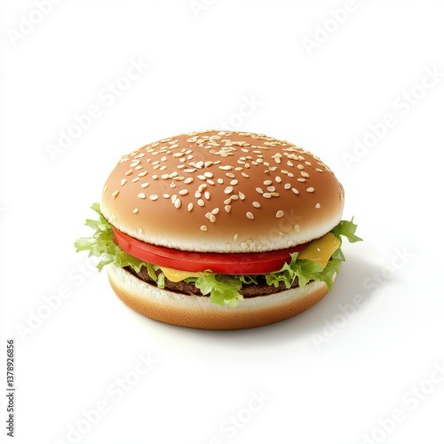 A juicy cheeseburger, perfectly layered with fresh lettuce and tomato, sits invitingly on a white background, showcasing its sesame-seed bun.