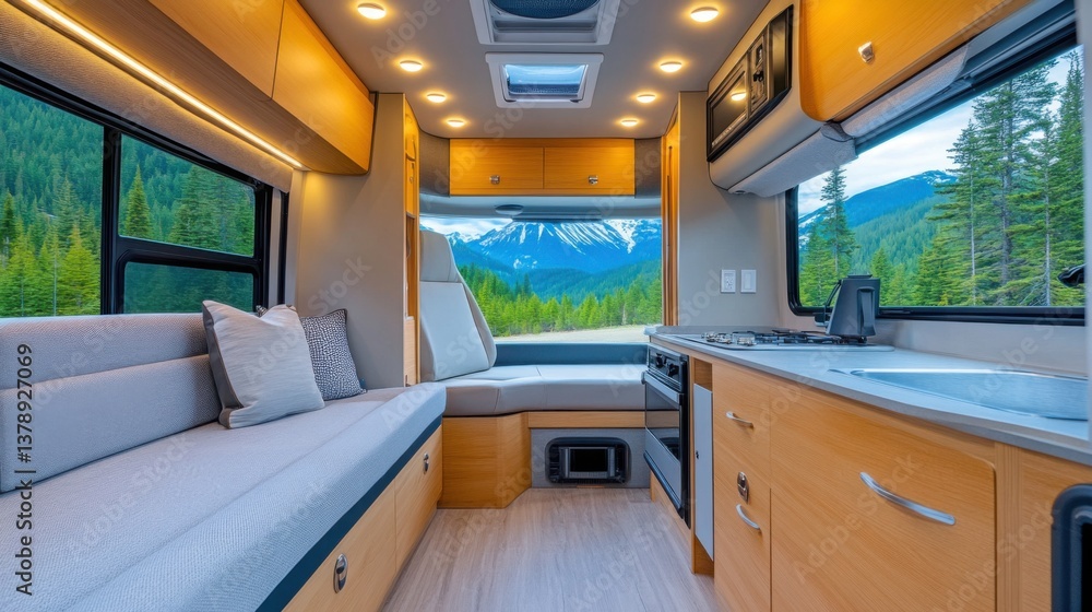 A modern and stylish motorhome interior featuring a fully equipped kitchen, cozy seating area A modern and stylish motorhome interior featuring a fully equipped kitchen, cozy seating area