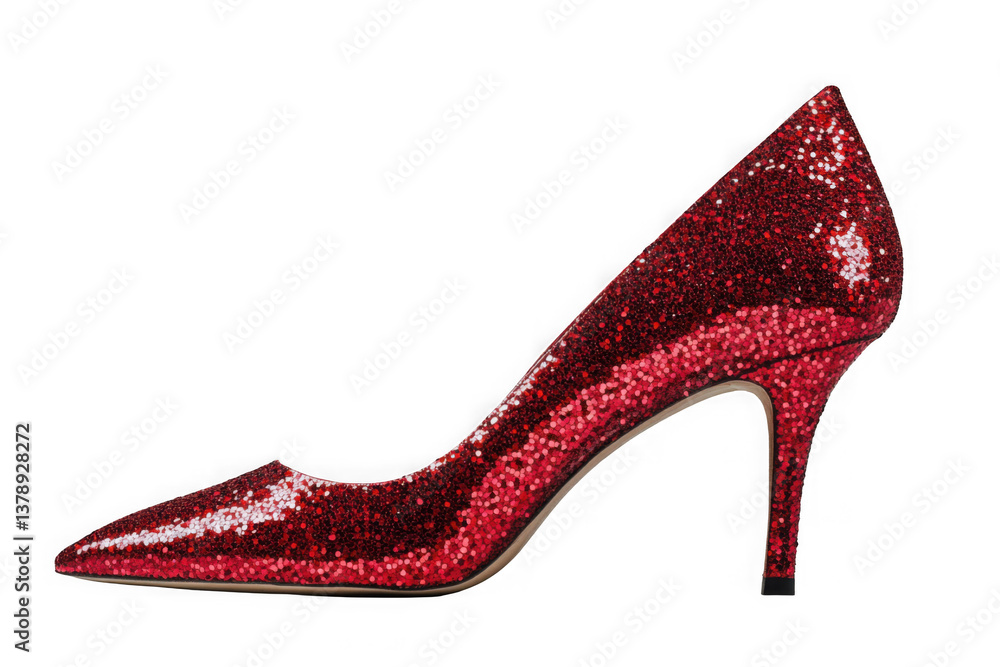 Obraz premium A pair of sparkling ruby red high heels with glittering sequins and a sleek silhouette showcased in radiant detail for glamorous evening fashion statements