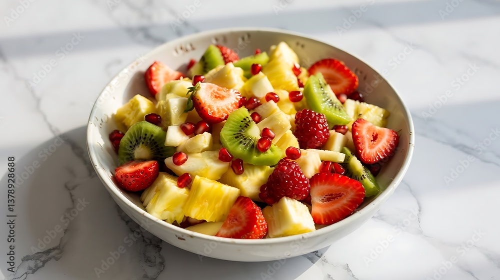 Fresh fruit salad in a bowl with strawberries, kiwi, orange, pineapple, melon, grapes, apple, banana, and a mix of colorful fruits for a healthy and sweet breakfast Fresh fruit salad in a bowl with strawberries, kiwi, orange, pineapple, melon, grapes, apple, banana, and a mix of colorful fruits for a healthy and sweet breakfast