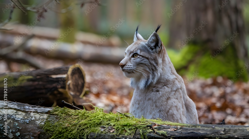 Obraz premium Lynx Sitting on Mossy Log in Forest