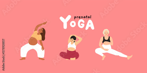 Pregnant women doing prenatal yoga exercises set. Mothers with bellies at fitness workout during pregnancy. Stretching gymnastics for moms. Flat vector illustration isolated on white background