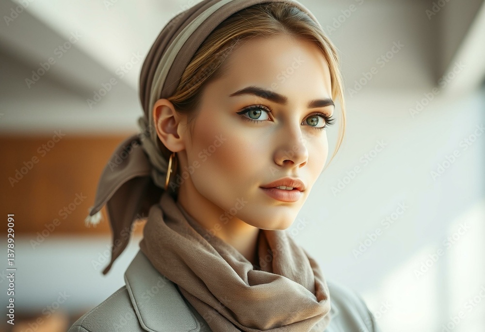 Fototapeta premium Photorealistic portrait of a woman with a scarf wrapped around her hair