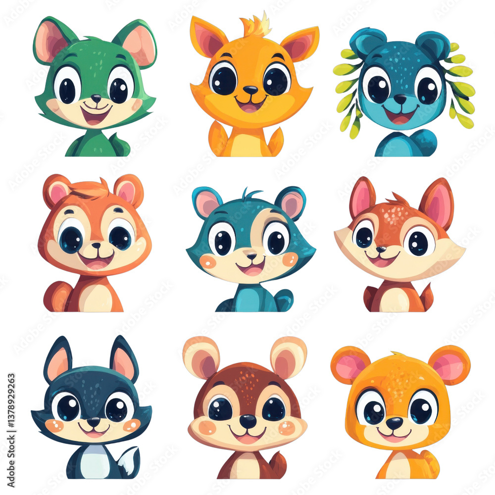 Collection of nine cute cartoon animal characters with big eyes and happy smiles on a transparent background vector Concept of childrens illustration, animation, and design Collection of nine cute cartoon animal characters with big eyes and happy smiles on a transparent background vector Concept of childrens illustration, animation, and design