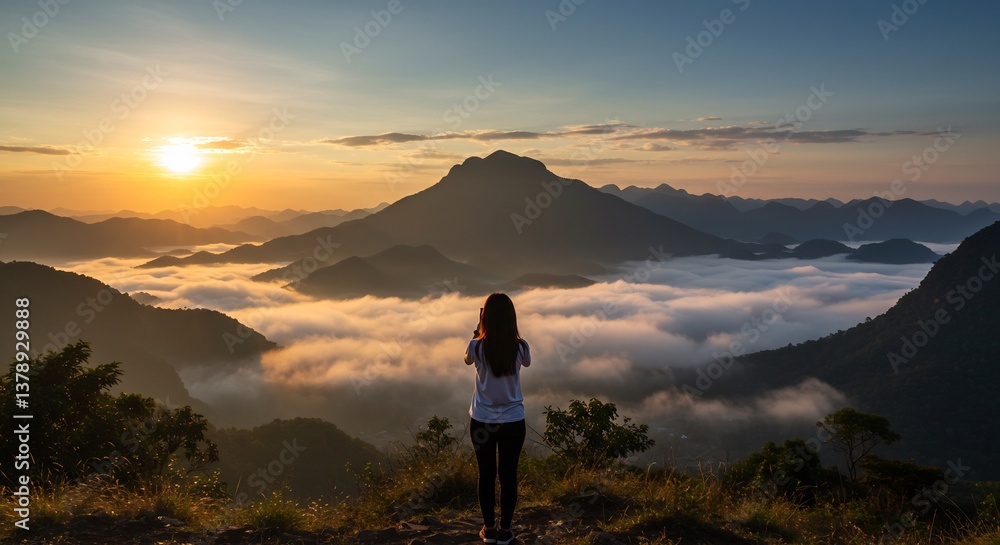 Naklejka premium Woman silhouetted against sunrise over misty mountains peaceful scenic view. AI Generated