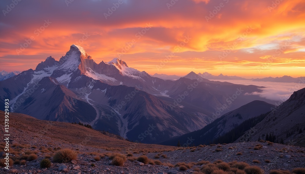 Obraz premium Stunning view of a mountain range under a vibrant sunset sky, highlighting jagged peaks and deep valleys. Golden and orange hues illuminate the majestic landscape in a serene atmosphere.