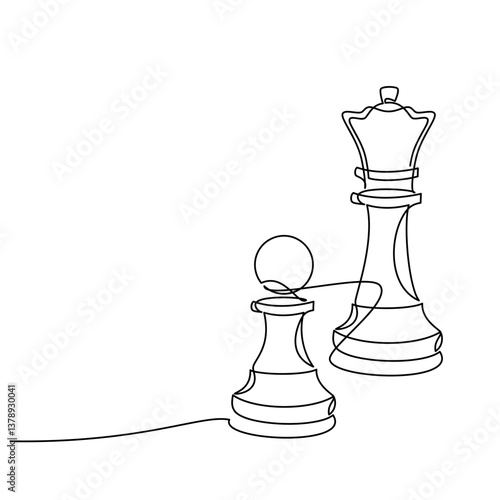 Hand drawn pawn and queen chess piece vector. One line continuous drawing. Board game illustration. Abstract linear silhouette icon. Minimal print, banner, card, wall art poster, logo, sign, symbol.