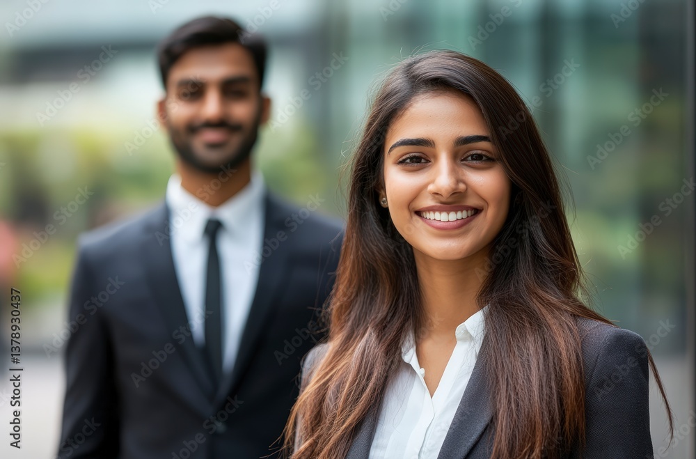 Professional Woman Smiling with Businessman Behind Professional Woman Smiling with Businessman Behind