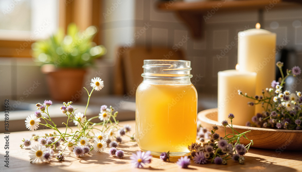 Organic honey jar surrounded by wildflowers in rustic kitchen, sustainability Organic honey jar surrounded by wildflowers in rustic kitchen, sustainability