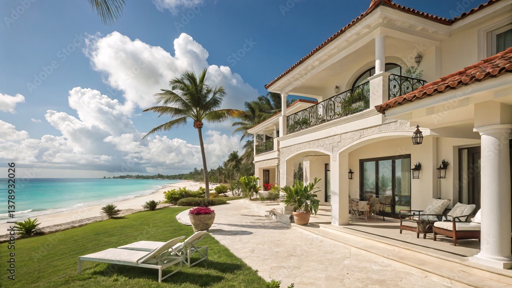 Fototapeta premium Luxury beach house rental vacation home tropical island getaway caribbean villa oceanfront property palms