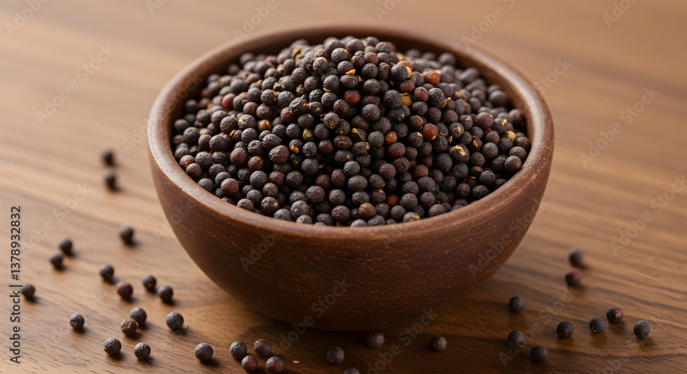 Bowl of roasted mustard seeds on a wooden table, vibrant color palette and delicious taste Bowl of roasted mustard seeds on a wooden table, vibrant color palette and delicious taste