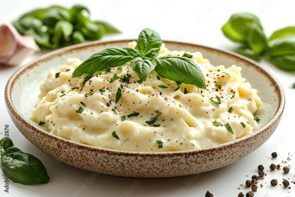 A delectable serving of creamy pasta with fresh basil garnished with herbs, showcasing culinary elegance and delicious comfort. A delectable serving of creamy pasta with fresh basil garnished with herbs, showcasing culinary elegance and delicious comfort.