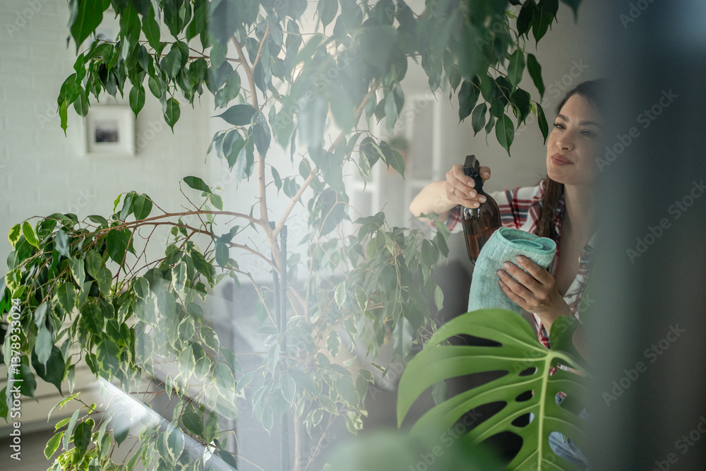 Obraz premium Woman taking care of houseplants spraying and cleaning leaves at home