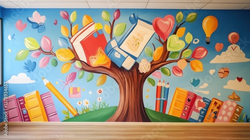Colorful reading tree mural classroom wall, learning background