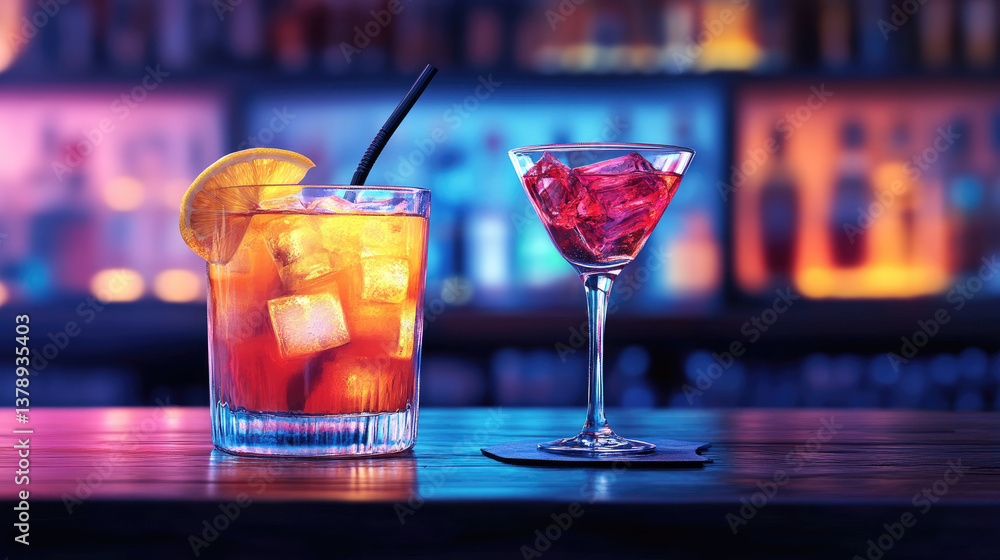 Elegant martini cocktail in a classic glass garnished with cherries, placed on bar counter with colorful defocused background, concept of nightlife, luxury and celebration. Elegant martini cocktail in a classic glass garnished with cherries, placed on bar counter with colorful defocused background, concept of nightlife, luxury and celebration.