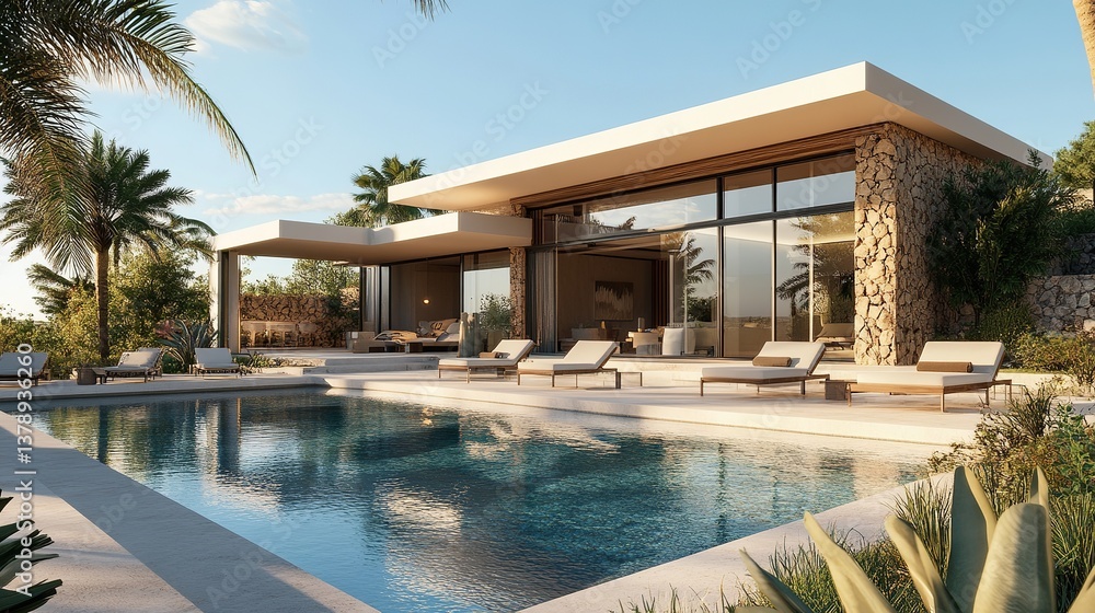 Fototapeta premium Luxury Modern Villa Design Tropical Poolside Relaxation Stunning Architecture Home Exterior Dream House Mediterranean Style Vacation Property Real 