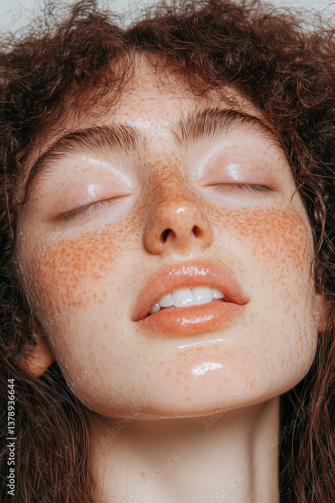 fresh clean macro HD shot of gen z millenial model with glass skin and skincare smiling with natural makeup freckles and eyes closed curly brunette hair fresh clean macro HD shot of gen z millenial model with glass skin and skincare smiling with natural makeup freckles and eyes closed curly brunette hair