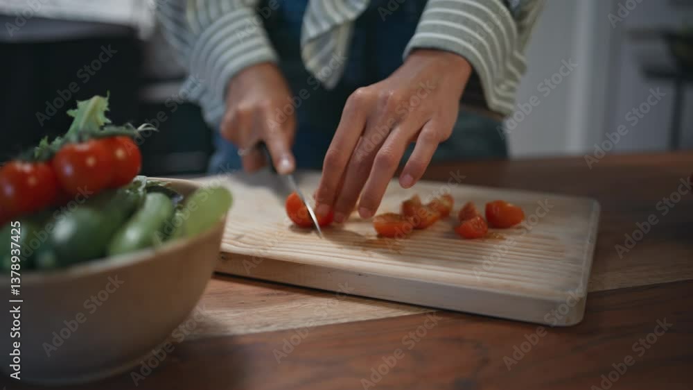 Hands cutting cherry tomatoes on kitchen board. Woman preparing healthy salad Hands cutting cherry tomatoes on kitchen board. Woman preparing healthy salad