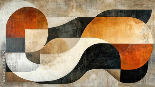 A modern abstract painting with organic shapes in muted earth tones. 