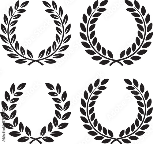 Set of black circular foliate laurels branches silhouette vector illustration Isolated On Transparent Background