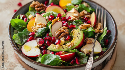Vegan Bowl with Apple and Avocado Salad with Pomegranate Seeds and Walnuts