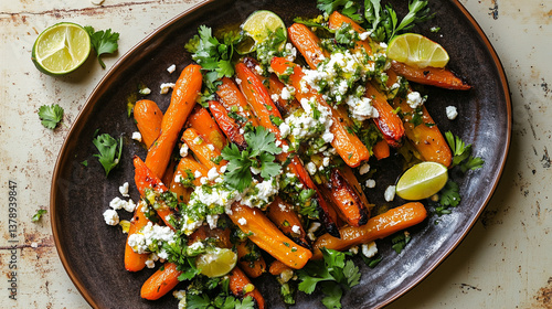 Roasted Carrots with Lime Sauce, Fresh Parsley and Feta Cheese. Top Down View