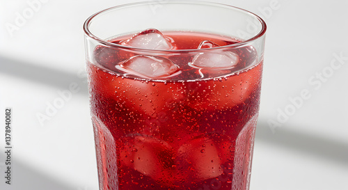 Refreshing sparkling pomegranate juice with ice cubes in a clear glass