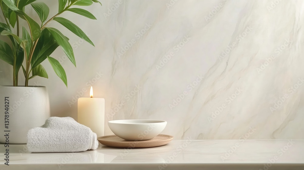 Relaxing spa setup featuring fresh plants, towel, candle, and bowl on a marble countertop in a serene atmosphere Relaxing spa setup featuring fresh plants, towel, candle, and bowl on a marble countertop in a serene atmosphere