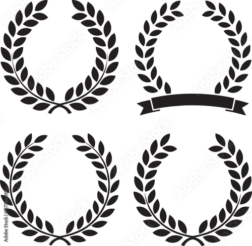 Set of black circular foliate laurels branches silhouette vector illustration Isolated On Transparent Background