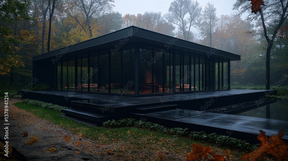 Obraz premium Modern Glass House: Seamlessly Blending with Nature's Autumnal Embrace