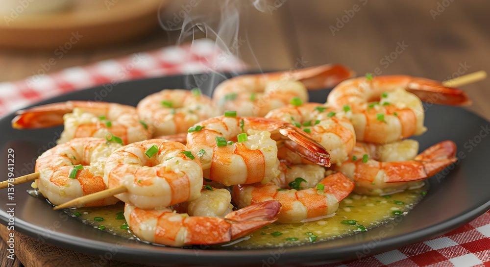 Delicious grilled shrimp skewers with garlic butter and herbs on rustic platter Delicious grilled shrimp skewers with garlic butter and herbs on rustic platter