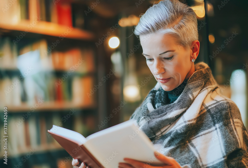 Focused woman reading book in cozy library, wrapped in warm scarf Focused woman reading book in cozy library, wrapped in warm scarf