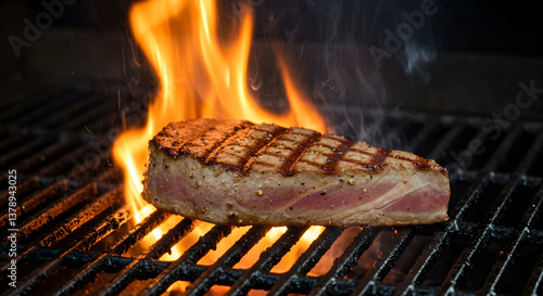 Exciting searing tuna steak preparation on flaming grill for gourmet cuisine