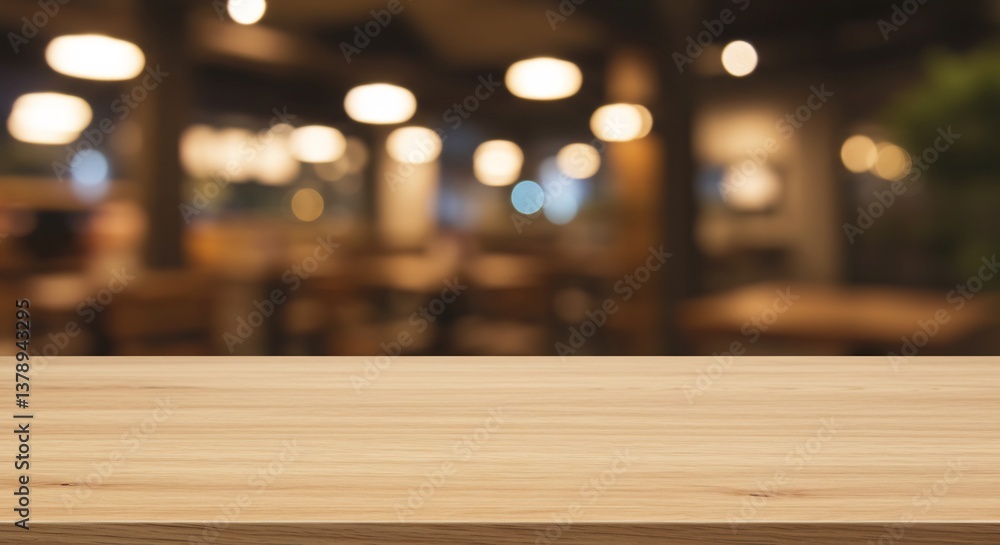 Warm light illuminates empty wooden table in blurred restaurant background. AI Generated Warm light illuminates empty wooden table in blurred restaurant background. AI Generated
