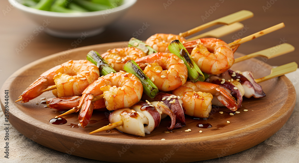 Exquisite Seafood Skewers Featuring Grilled Shrimp and Squid with Green Onions Exquisite Seafood Skewers Featuring Grilled Shrimp and Squid with Green Onions