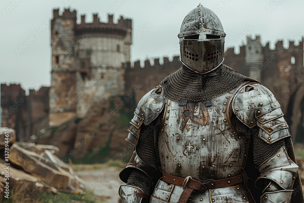 Medieval knight in steel armor against the background of castle walls. Against the backdrop of castle walls, a knight in steel armor becomes a timeless figure of courage. Medieval knight in steel armor against the background of castle walls. Against the backdrop of castle walls, a knight in steel armor becomes a timeless figure of courage.