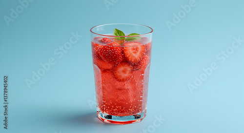Wallpaper Mural Refreshing strawberry basil soda beverage served in clear glass on blue backdrop Torontodigital.ca