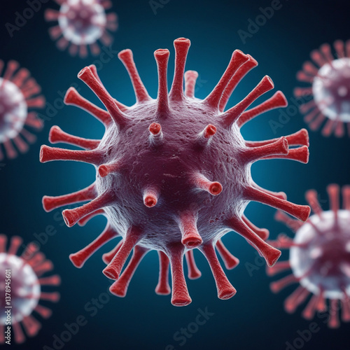 Microscopic view of a virus with a spherical structure and spike-like projections,