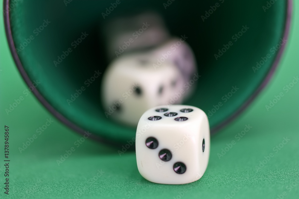 Rolling dice in a cup on a green felt surface during a game nigh