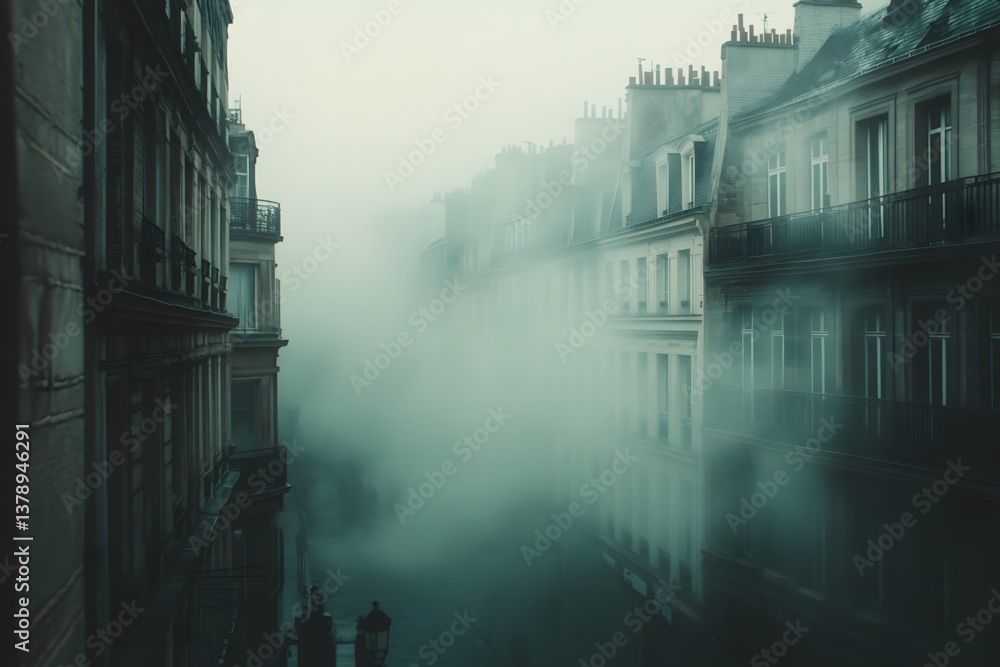Urban buildings faintly visible in the haze Urban buildings faintly visible in the haze