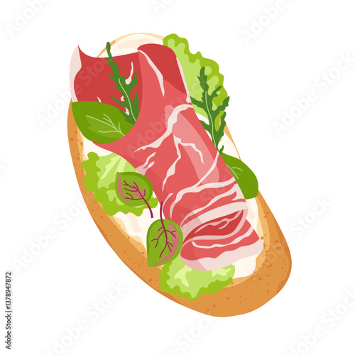 Spanish ham tapas on toasted bread with soft cheese. Jamon and salad on crispy slice of toasted bread. Top view of Italian bruschetta with prosciutto ideal appetizer or snack. Flat vector illustration