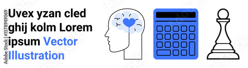 Head with heart representing creativity, calculator for analysis, and chess pawn for strategy. Ideal for education, innovation, planning, focus, leadership, growth simple landing page
