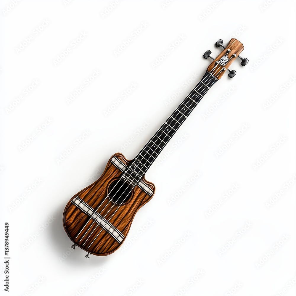 Naklejka premium A miniature brown wood-grained bass guitar with intricate detailing perfectly lies on a pristine white background showcasing craftsmanship and creativity in design