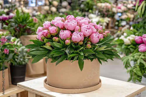 Wallpaper Mural Vibrant pink peonies displayed on an aged grey table, ideal for flower shop promotions or e-commerce listings. A fresh, elegant bouquet for same-day delivery Torontodigital.ca
