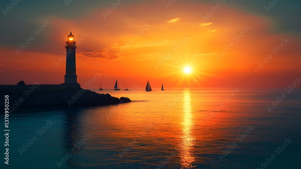 Lighthouse in the sunset glow and tranquil sea surface Lighthouse in the sunset glow and tranquil sea surface