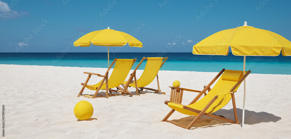 3d Vector Beach Chair, Yellow Umbrella and Ball, Summer holiday, Time to travel concept. Eps 10 Vector.4k