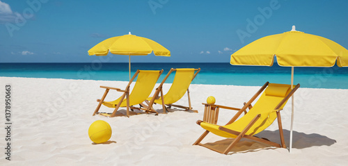 Obraz na płótnie 3d Vector Beach Chair, Yellow Umbrella and Ball, Summer holiday, Time to travel concept. Eps 10 Vector.4k w salonie